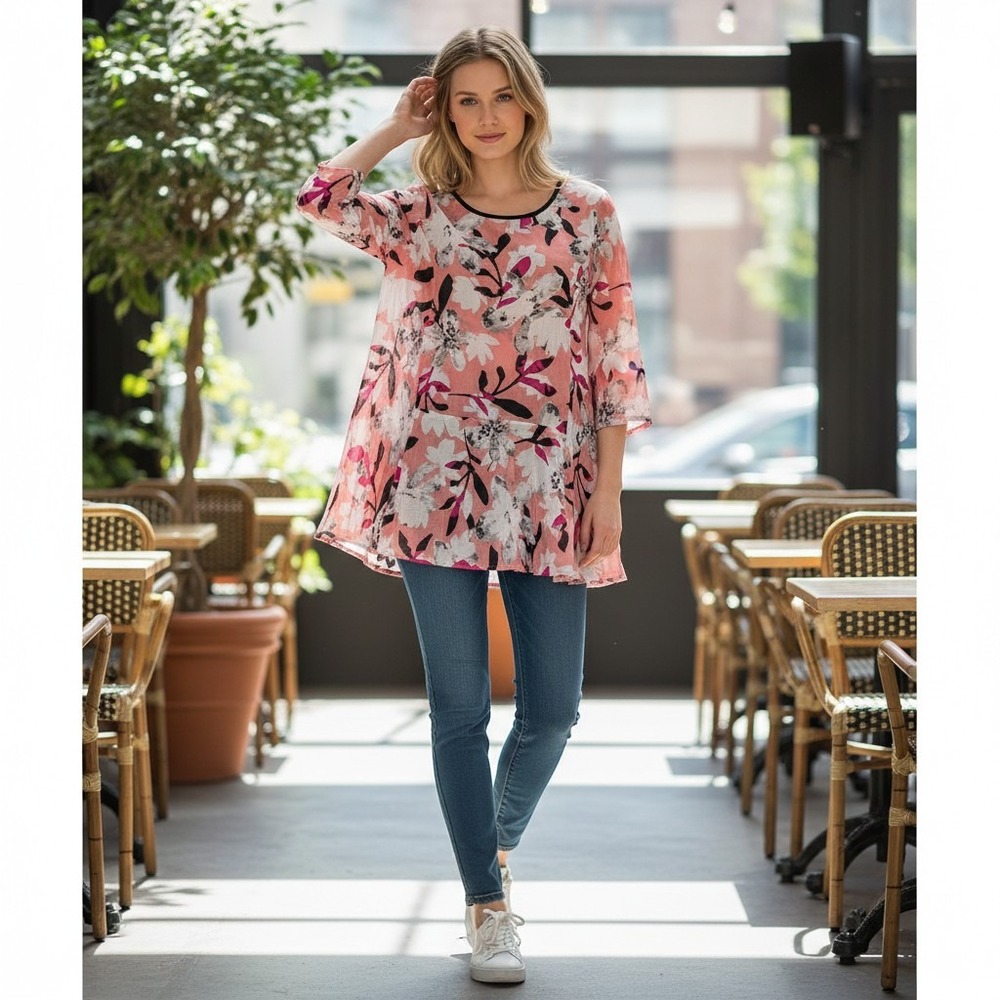 Alfani Womens 2X Floral Mesh Peplum Tunic Top  CottageCore Pink Black‎ Botanical